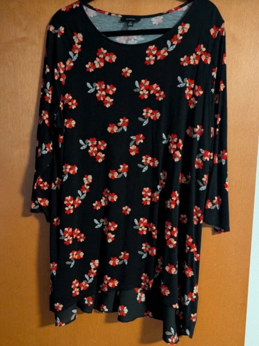 Black Floral Swing Dress Tunic Top with Red Flower Print